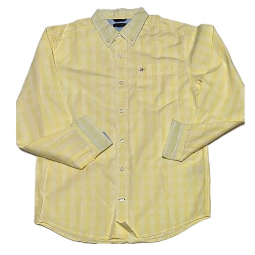 yellow Tommy Hilfiger button down long sleeve shirt | embroidered Hilfiger logo